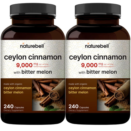 NatureBell 2 Pack Ceylon Cinnamon 9000mg Per Serving, 480 Capsules | Made with Organic Sri Lanka Ceylon Cinnamon Plus Organic Bitter Melon - Non-GMO, No Gluten