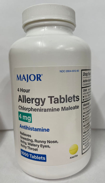 MAJOR CHLORPHENIRAMINE 4MG TAB CHLORPHENIRAMINE Maleate-4 MG Yellow 1000 Tablets UPC 309040012807 Pharmaceuticals