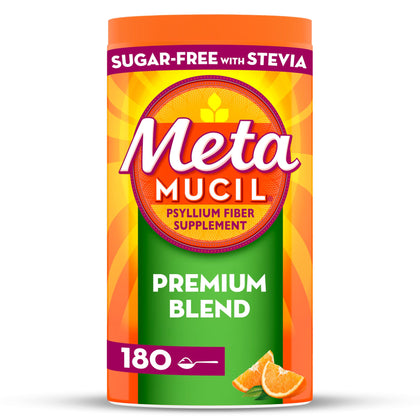 Metamucil Premium Blend, 4-in-1 Fiber Supplement for Digestive Health, Psyllium Husk Fiber Powder, Sugar-Free with Stevia, Plant-Based Fiber Supplement, Orange Flavored, 180 teaspoons