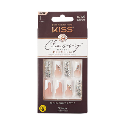 KISS Classy Premium Press On Nails, 'Gorgeous', White, Long Length, Square Shape, Includes 30 Fake Nails, 2g Pink Gel Nail Glue, 1 Manicure Stick, 1 Mini File