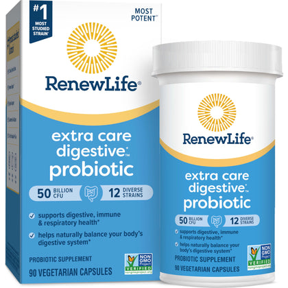 Renew Life Extra Care Digestive Probiotic Capsules, 50 Billion CFU Guaranteed, Daily Supplement Supports Immune, Digestive, Respiratory Health(1), L. Rhamnosus GG, Dairy, Soy and Gluten-Free, 90 Count