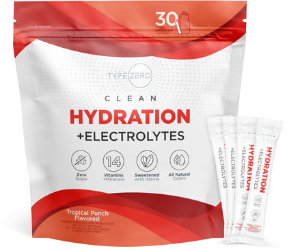 Type Zero Clean Hydration + Electrolytes Drink Mix (30 Single-Serving Packets) - Advanced Hydration for Any Occasion (Tropical Punch)