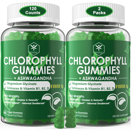 Chlorophyll Fiber Gummies 200mg +Ashwagandha, with Magnesium Glycinate, Echinacea, Vitamin D B1 B2 for Internal Deodorant, Comfort Digestion, Healthy Skin, Metabolism Support, Fresh Body Odor, 2 Packs