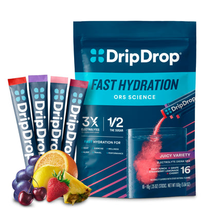 DripDrop Hydration Juicy Variety Pack - Electrolyte Drink Mix Single-Serve Powder Packets - Grape, Fruit Punch, Strawberry Lemonade, Cherry - 16 Servings