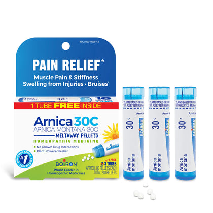 Boiron Arnica Montana 30C Homeopathic Medicine for Relief from Muscle Pain, Muscle Stiffness, Swelling from Injury, and Discoloration from Bruises - 3 Count (240 Pellets)