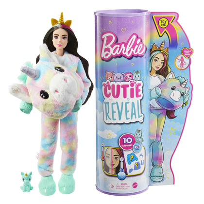 Barbie Cutie Reveal Doll, Fantasy Series Unicorn Plush Costume, 10 Surprises Including Mini Pet & Color Change