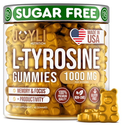 Joyli L Tyrosine Gummies 1000MG - L-Tyrosine Supplement for Kids & Adults - Calm & Focus Gummies for Brain, Memory, Mood, and Energy - 500mg L- Tyrosine Powder per Gummy - Vegan, Gluten-Free