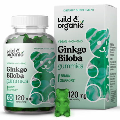 Wild & Organic Ginkgo Biloba Gummies - Brain Supplement & Mental Support Gummy for Better Mood & Focus - Energy Booster Herbal Supplements - Vegan Non-GMO - 120mg, 60 Chews