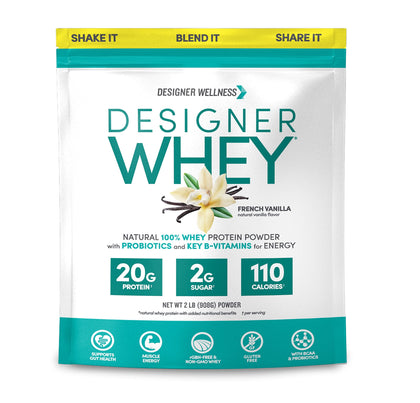 Designer Wellness, Designer Whey, Natural Whey Protein Powder with Probiotics, Fiber, and Key B-Vitamins for Energy, Gluten-Free, French Vanilla, 2 lb