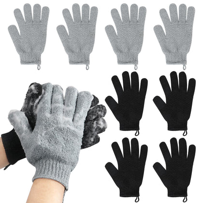 Exfoliating Gloves for Big Hands 8Pack- Lengthened and Large Double-Sided Shower Gloves(4Pairs/8Pcs) for Shower, Spa, Massage - Large Bath Gloves (4Pcs Black and 4Pcs Gray)