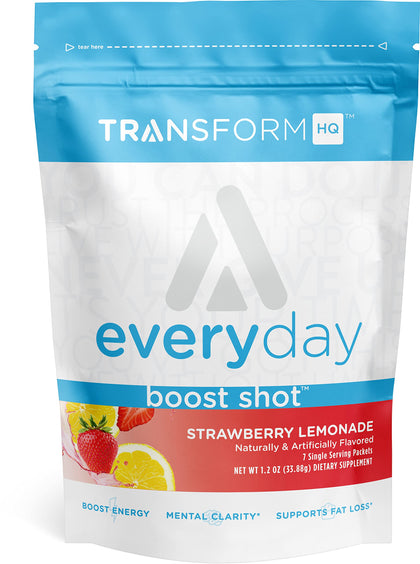 TransformHQ Boost Shot Powder Drink Stick Packets, Strawberry Lemonade, 7 Pack, Energy Supplements for Women & Men, With Caffeine, Vitamin B12, B9, B6 & B3