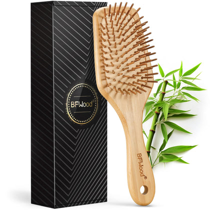 BFWood Bamboo Paddle Hairbrush with Bamboo Bristles for Massaging Scalp