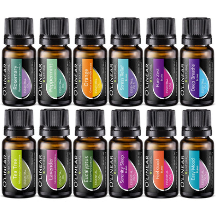 O'linear Essential Oil Set 12 Aromatherapy Oils for Diffuser & Humidifiers, Lavender, Peppermint, Eucalyptus, Tea Tree, Rosemary, Orange Oils & 6 Unique Blends for Diffuser for Home