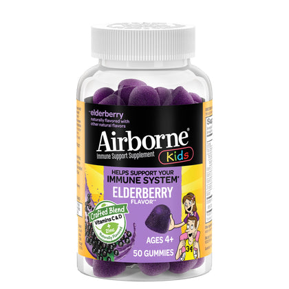 Airborne KIDS Elderberry + Zinc & Vitamin C Gummies, Kids Immune Support with Powerful Antioxidants Vit D & E - 50 gummies, Elderberry Flavor