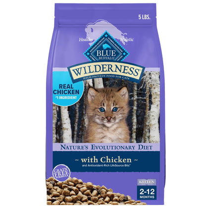 Blue Buffalo Wilderness Natural Kitten Dry Cat Food, with DHA and ARA to Support Brain and Eye Development, High-Protein and Grain-Free Diet, Chicken, 5-lb. Bag