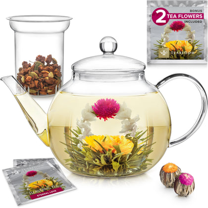 Teabloom Stovetop & Microwave Safe Glass Teapot (40 oz) with Removable Loose Tea Glass Infuser - Includes 2 Blooming Teas - 2-in-1 Tea Kettle and Tea Maker