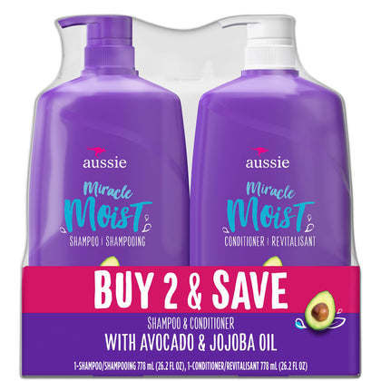 Aussie Miracle Moist Shampoo & Aussie Miracle Moist Conditioner, 26.2 Fl Oz (Pack of 2)