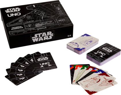 Mattel Games UNO Star Wars Technical Schematics Card Game for Kids & Adults with Blueprints of Space Stations, Ships & Droids