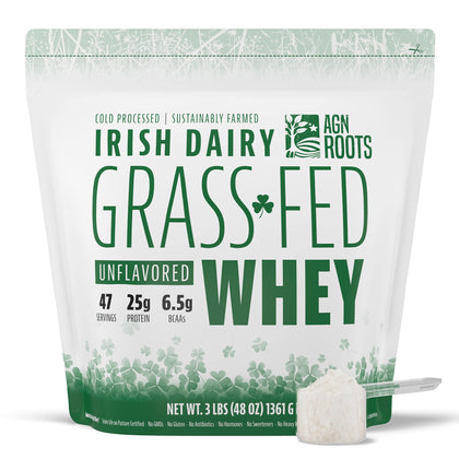 AGN Roots Grass Fed Whey Protein Powder Isolate - Unflavored - Unsweetened - Certified Entire Life On Pasture - A Greener World - ASPCA Registered Brand List - Informed-Sport - 3lbs