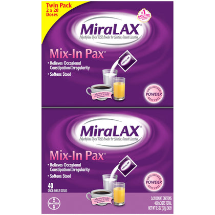 MiraLAX Gentle Constipation Relief Laxative Powder, Stool Softener with PEG 3350, No Harsh Side Effects, #1 Physician Recommended, Single Dose Mix-In Pax, Travel Pack, 40 Dose