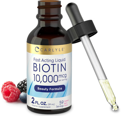 Carlyle Liquid Biotin 10000mcg 2 oz | Extra Strength Gel Drops | Vegetarian, Non-GMO, Gluten Free Supplement