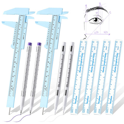 10 Pcs Eyebrow tools set 2 Eyebrow Measuring Ruler 4 Microblading White Skin Marker Pen 4 Paper Ruler White Skin Marker Eyebrow Permanent Makeup Position Mapping Mark Tools for Artists Eyebrow Skin