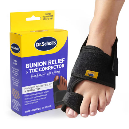 Dr. Scholl's BUNION RELIEF & TOE CORRECTOR // Massaging Gel Bunion Splint & Big Toe Straightener - Orthopedic Bunion Corrector for Women & Men - Bunion Pads for Bunion Pain Relief, 1 Support Set (Left & Right)