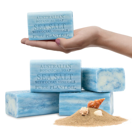 Australian Botanical Soap, Sea Salt with Ocean Minerals Plant Oil Soap 6.6 oz (187g) Soap Bar | Natural Ingredient Bar Soap | All Skin Types | Women & Men | Shea Butter Enriched - Pack of 4