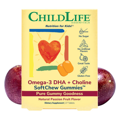 CHILDLIFE ESSENTIALS Omega-3 DHA + Choline SoftChews - All-Natural Support for Optimal Brain & Nervous System Development & Function in Children & Teens, Sugar-Free - Passion Fruit Flavor, 27 Tablets