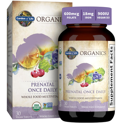 Garden of Life Organics Prenatal Vitamin: Folate for Energy & Healthy Fetal Development, Non-constipating Iron, Vitamin C, B6, B12, D3 - Organic, Non-GMO, Gluten-Free, Vegan, 30 Day Supply