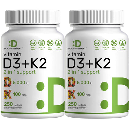 2 Pack Deal Supplement Vitamin D3 K2 Softgel, 250 Count, 2-1 Complex, Vitamin D3 5000 IU & Vitamin K2 MK7, Promotes Heart, Bone & Teeth Health - Very Easy to Swallow