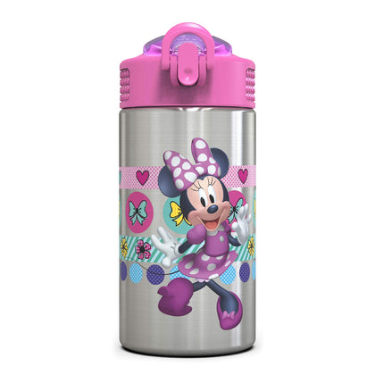 Zak Designs Disney Minnies Happy Helpers - Stainless Steel Water Bottle with One Hand Operation Action Lid and Built-in Carrying Loop, Kids Water Bottle with Straw Spout (15.5 oz, 18/8, BPA Free)