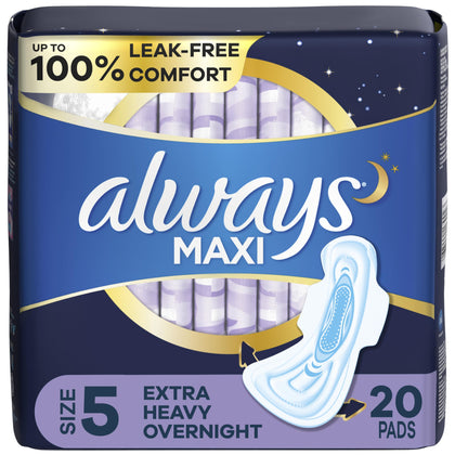 Always Maxi Feminine Pads For Women, Size 5 Extra Heavy Overnight Absorbency, With Wings, Unscented, 20 Count