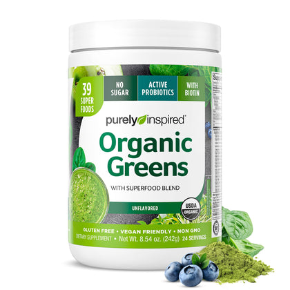 Purely Inspired Organic Green Powder Smoothie Mix, Unflavored (24 Servings) - Probiotics for Digestive Health with Spirulina & Chlorella for Gut Health - Vegan & Gluten-Free