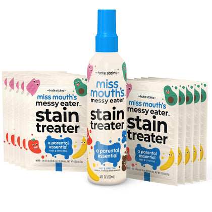 Miss Mouth's Messy Eater Stain Treater Spray - 4oz & 10 Wipes Stain Remover - Newborn & Baby Essentials - No Dry Cleaning Food, Grease, Coffee Off Laundry, Underwear, Fabric