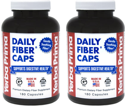 Yerba Prima Daily Fiber Caps - 180 Capsules, (Pack of 2) - Soluble & Insoluble Fiber Supplement - Colon Cleanse - Vegan, Non-GMO, Gluten-Free