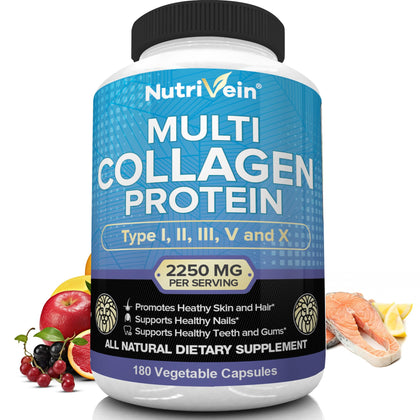 Nutrivein Multi Collagen Pills 2250mg - 180 Collagen Capsules - Type I, II, III, V, X - Anti-Aging, Healthy Joints, Hair, Skin, Bones, Nails, Hydrolyzed Protein Collagen Peptides for Woman and Men