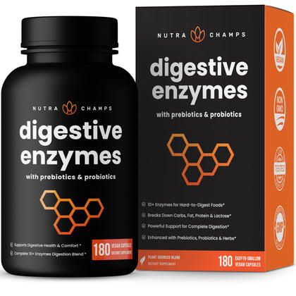 NutraChamps Digestive Enzymes with Probiotics and Prebiotics for Women & Men - 180 Vegan Capsules with Bromelain for Bloating & Optimal Gut Health