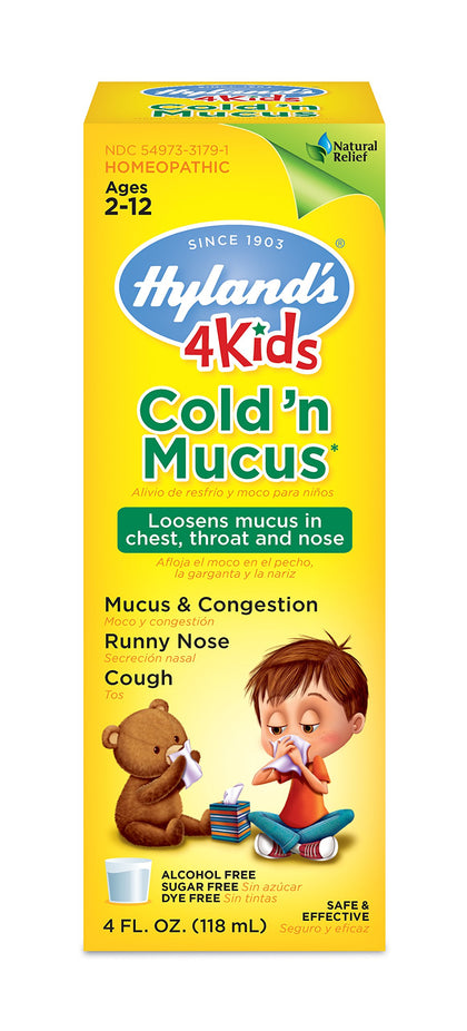 Hyland's Cold Medicine for Kids Ages 2+, Cold 'n Mucus Relief Liquid, Natural Relief of Mucus & Congestion, Runny Nose, Cough, 4 Ounces