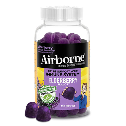 Airborne Elderberry + Zinc & Vitamin C Gummies For Adults, Immune Support Vitamin D & Zinc Gummies with Powerful Antioxidant Vitamins C D & E - 130 Gummies, Elderberry Flavor