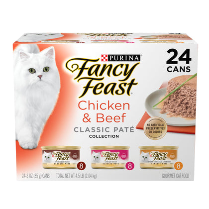 Purina Fancy Feast Chicken and Beef Classic Pate Collection Grain Free Wet Cat Food Variety Pack - (Pack of 24) 3 Oz. Pull-Top Cans