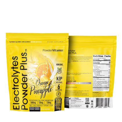 PowderVitamin Electrolytes Powder Plus (100 Servings) Orange Pineapple Electrolyte Powder Zero Calorie, Keto, 0 Sugar, No Maltodextrin,1000mg Potassium,120mg Calcium,120mg Magnesium, Hydration Powder