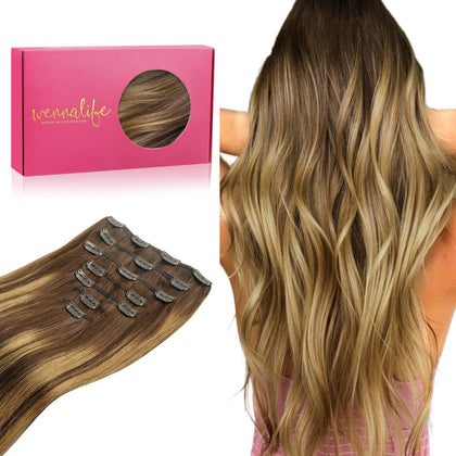 WENNALIFE Clip in Hair Extensions, 14 Inch 120g 7pcs Balayage Chocolate Brown to Caramel Blonde Hair Extensions Clip in Human Hair Remy Clip in Hair Extensions Real Human Hair Double Weft