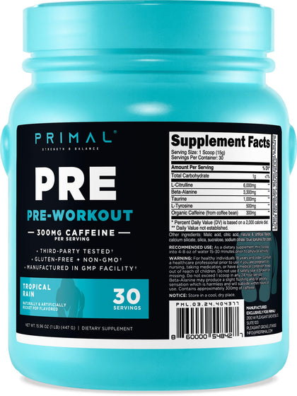 Primal Pre-Workout Tropical Rain (30 Servings) (Rocket Pop Flavored) - Gluten Free & Non-GMO