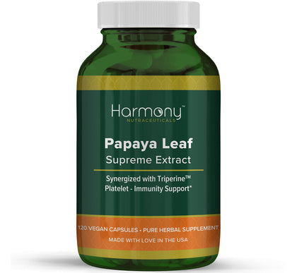 Harmony Nutraceuticals Papaya Leaf Supreme Extract Highest Potency Maximum Bioactivity Organic Dr. Gumman's Clinical Grade 120 Vegan Capsules Synergized with Triperine