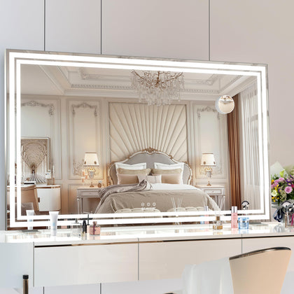 BEAUTME Vanity Mirror, Large Hollywood Mirror with Lights for Tabletop,Lighted Makeup Mirror for Dressing Room & Bedroom, Desktop Mirror/Wall Mounted Mirror 1.8M Cable,Silver(40x24.3inch)