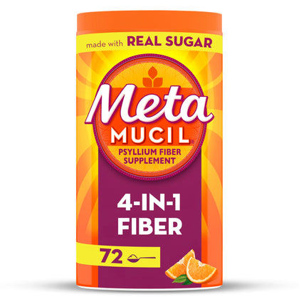 Metamucil Fiber, 4-in-1 Psyllium Fiber Supplement Powder with Real Sugar, Orange Smooth Flavored Drink, 72 Servings (Packaging May Vary), Coarse Texture, 1.9 Pound (Pack of 1)