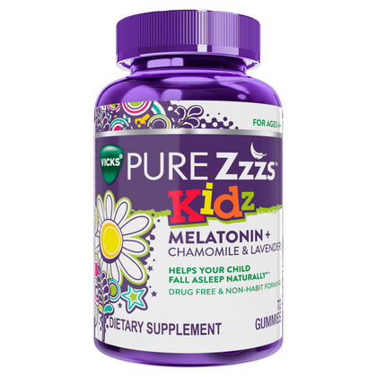 VICKS PURE Zzzs Kidz, Melatonin Sleep Aid Gummies for Kids and Children, Helps Your Child Fall Asleep Naturally, Low Dose Melatonin, 72 Gummies