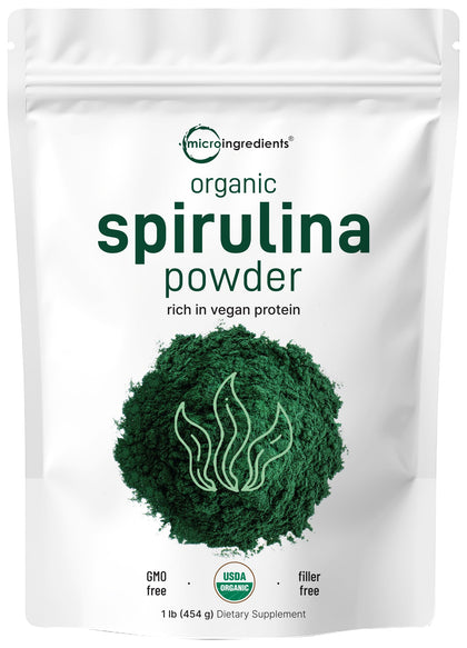 Micro Ingredients Organic Spirulina Powder, 16 Ounce, Raw Spirulina (Arthrospira Platensis), The Richest Sources of 70% Vegan Protein, Containers Minerals, Vitamins, Non-GMO & Non-Irradiation