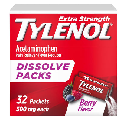 Tylenol Extra Strength Dissolve Packs, 500 mg Acetaminophen Pain Reliever & Fever Reducer, On-The-Go Powder Packets for Minor Aches & Pains, Ibuprofen- & Aspirin-Free, Berry Flavor, 32 ct